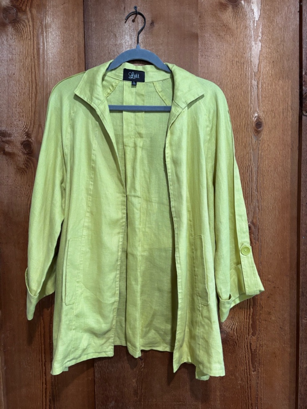 Luii 100% Linen Open Front Lightweight Duster Jacket Chartreuse Lime Green L